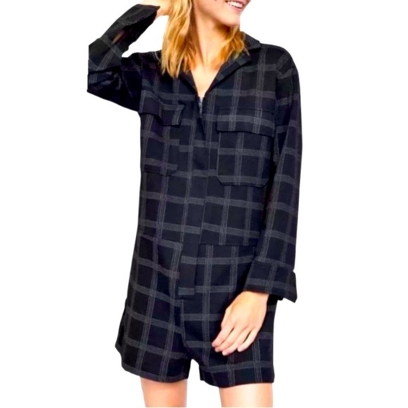 ⭐️ZARA Plaid Flannel Front Zip Long Sleeve Shirt Romper - Picture 1 of 5